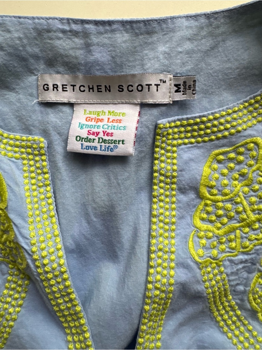 Gretchen Scott Women's Tank Shift Dress Light Blue with Lime Green Embroidery M - Picture 5 of 8